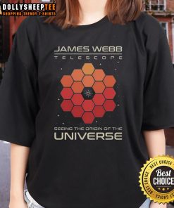 Alt Text: Awesome James Webb Telescope ladies tee showcasing stunning cosmic imagery and the origin of the universe.
