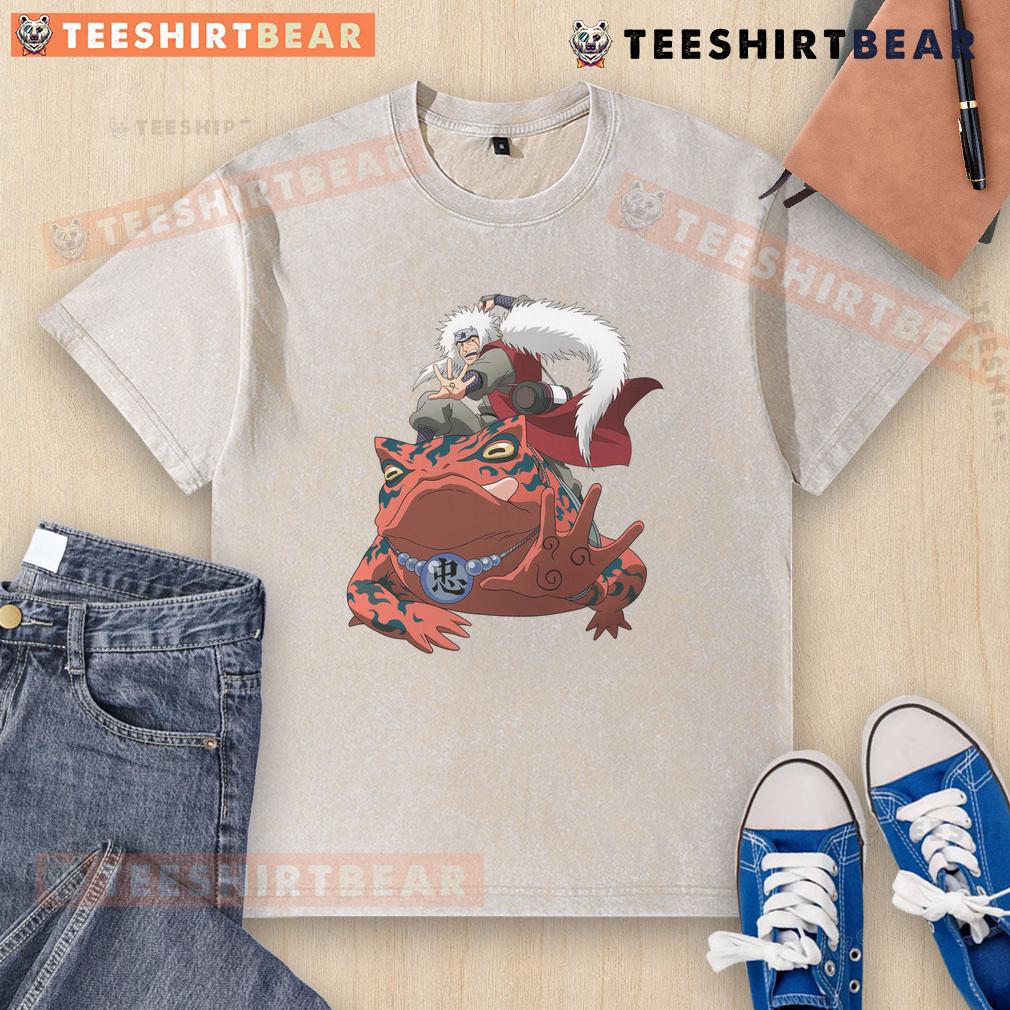 Awesome Jiraiya And Gamabunta Naruto Washed T Shirt Alt Text: Awesome Jiraiya and Gamabunta design on a Naruto washed t-shirt, perfect for anime fans and collectors.