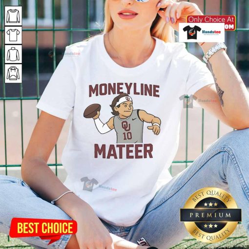 Alt Text: Awesome John Mateer Moneyline Oklahoma Sooners Ladies Tee featuring vibrant colors and team logo for fans.