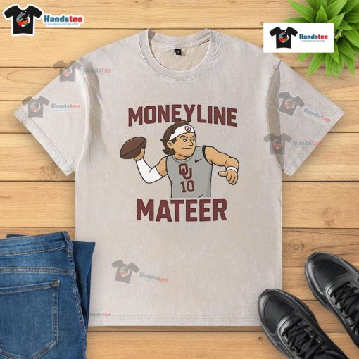 Awesome John Mateer Moneyline Oklahoma Sooners washed t-shirt featuring team colors and logo, perfect for fans.