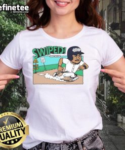 Cartoon of Josh Naylor in action against Seattle Mariners, featured on a stylish MLB ladies tee shirt.