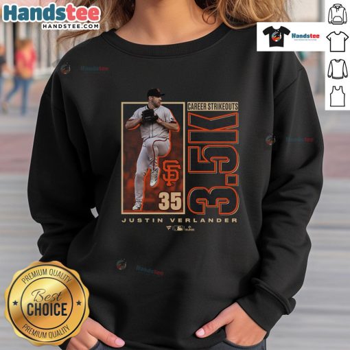 Justin Verlander San Francisco Giants sweatshirt celebrating 3500 career strikeouts, perfect for baseball fans.