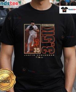Alt Text: Awesome Justin Verlander San Francisco Giants T-Shirt celebrating 3,500 career strikeouts in vibrant design.