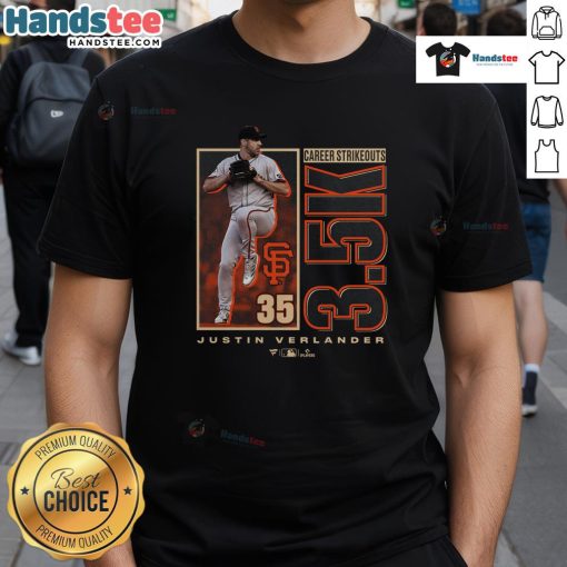Alt Text: Awesome Justin Verlander San Francisco Giants T-Shirt celebrating 3,500 career strikeouts in vibrant design.