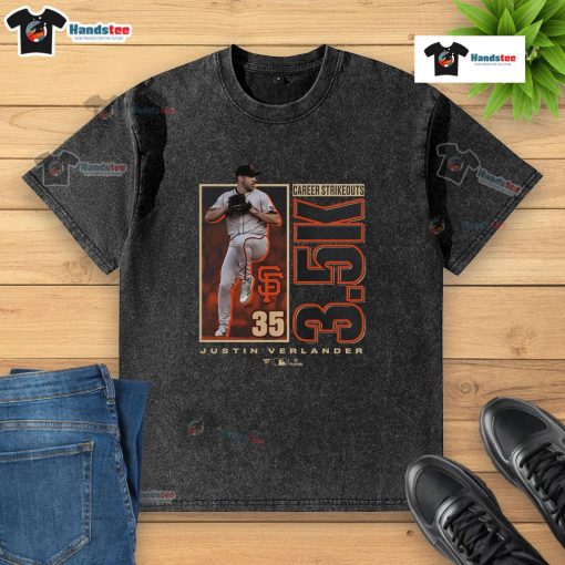 Justin Verlander San Francisco Giants t-shirt celebrating 3500 career strikeouts, featuring a bold graphic design.