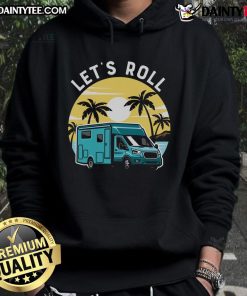 Awesome Let's Roll RV Van Camper Hoodie featuring retro sunset design, perfect for camping enthusiasts and adventure lovers.