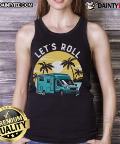 Alt Text: Retro sunset tank top featuring 'Awesome Let's Roll' RV van camper design, perfect for camping enthusiasts.