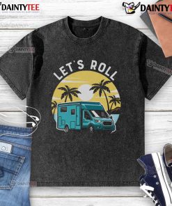 Retro sunset RV van camper t-shirt design featuring 'Awesome Let's Roll' for camping enthusiasts.