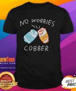 Awesome Lkc No Worries Cobber T-Shirt displayed on a hanger with a casual design and vibrant colors, perfect for everyday wear.