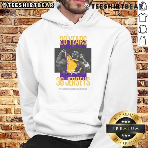 Awesome Los Angeles Lakers Kobe Bryant 20 Years hoodie featuring 36 jerseys design, perfect for Lakers fans and collectors.