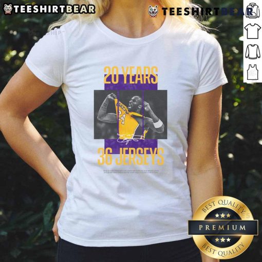 Alt Text: Awesome Los Angeles Lakers Kobe Bryant 20 Years 36 Jerseys Ladies Tee featuring vibrant team colors and iconic design.