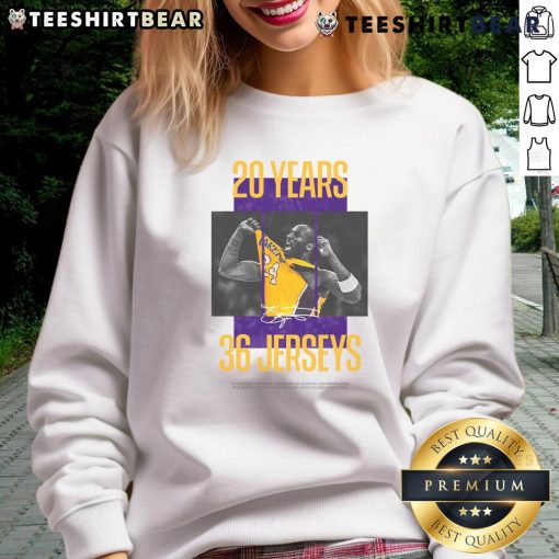 Awesome Los Angeles Lakers Kobe Bryant sweatshirt celebrating 20 years and 36 jerseys, perfect for fans and collectors.