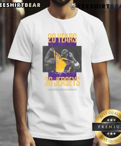 Awesome Los Angeles Lakers Kobe Bryant 20 Years 36 Jerseys T-Shirt featuring iconic player graphics and team colors.