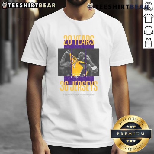 Awesome Los Angeles Lakers Kobe Bryant 20 Years 36 Jerseys T-Shirt featuring iconic player graphics and team colors.