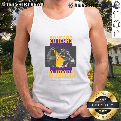 Awesome Los Angeles Lakers Kobe Bryant tank top featuring 20 years and 36 jerseys design, perfect for Lakers fans.