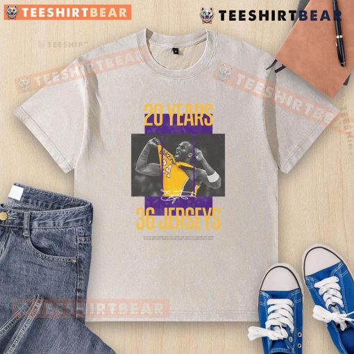 Awesome Los Angeles Lakers Kobe Bryant 20 Years 36 Jerseys washed t-shirt showcasing Lakers pride and NBA history.