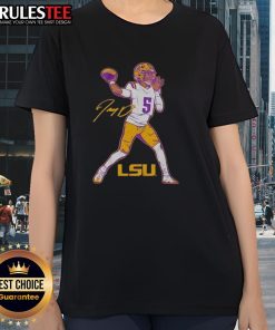 Alt Text: Jayden Daniels striking a superstar pose in awesome LSU Tigers football ladies tee, showcasing team spirit.