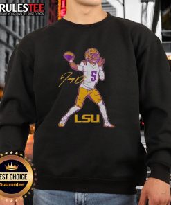 Jayden Daniels in a superstar pose wearing an Awesome LSU Tigers football sweatshirt, showcasing team spirit and style.