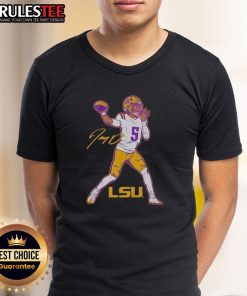 Jayden Daniels poses in an Awesome LSU Tigers Football signature t-shirt showcasing team spirit and athletic style.