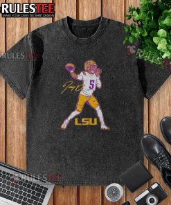 Jayden Daniels in a superstar pose wearing an Awesome LSU Tigers football signature washed t-shirt.