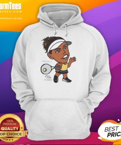 Madison Keys, the awesome tennis player, wearing a big head hoodie, showcasing her style on the court.