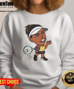 Madison Keys wearing a stylish big head sweatshirt, showcasing her passion for tennis and sporty fashion.