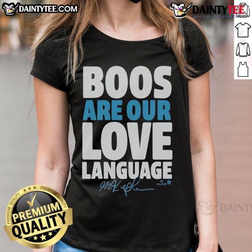 Awesome Max Kepler 'Boos Are Our Love Language' ladies tee featuring stylish design and vibrant colors for fans.