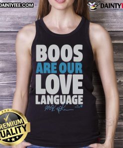 Awesome Max Kepler 'Boos Are Our Love Language' tank top design featuring bold text and vibrant colors.