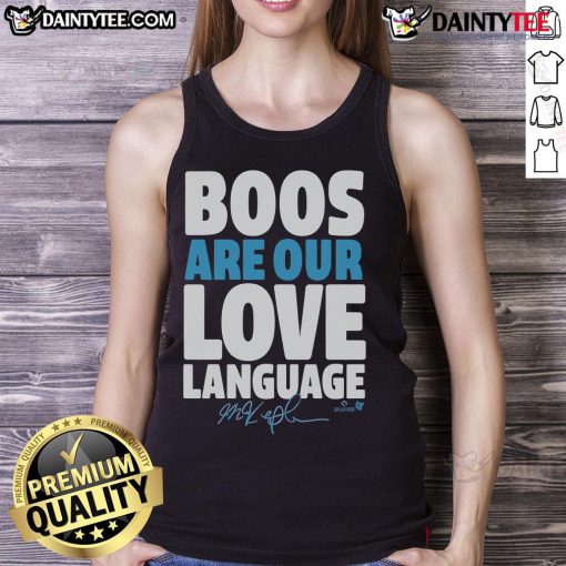 Awesome Max Kepler 'Boos Are Our Love Language' tank top design featuring bold text and vibrant colors.