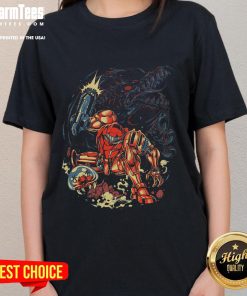 Awesome Metroid Rescue Mission Retro Space Warrior Ladies Tee featuring vibrant graphics of a female space hero.