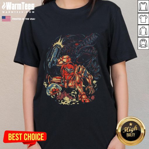 Awesome Metroid Rescue Mission Retro Space Warrior Ladies Tee featuring vibrant graphics of a female space hero.