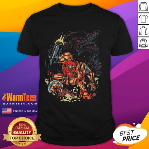 Awesome Metroid Rescue Mission Retro Space Warrior T-Shirt featuring vibrant graphics of a space hero in action.