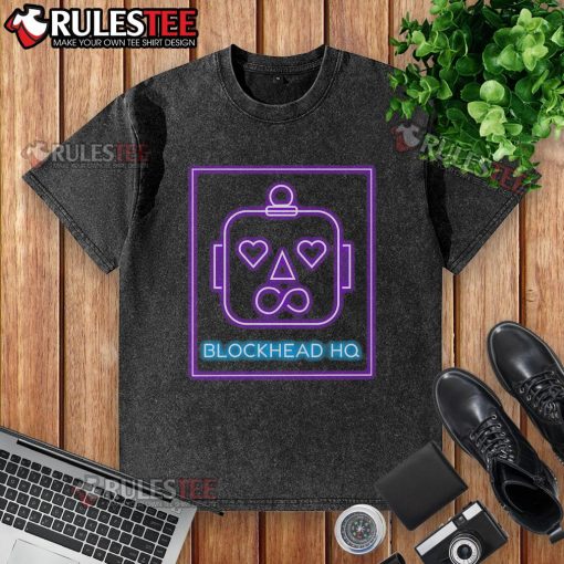 Alt Text: Awesome New Kids On The Block BLOCKHEAD HQ washed t-shirt featuring a vibrant logo and comfortable fit for fans.