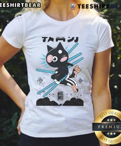 Awesome Ninja Cat Kawaii Anime Martial Arts Ladies Tee featuring a cute cat in a ninja outfit ready for action.