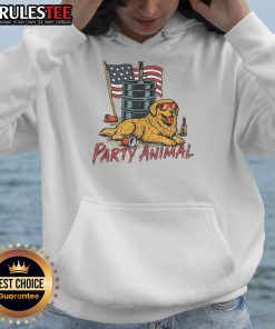 Awesome party animal wearing a golden American hoodie, showcasing vibrant style and festive spirit at a lively gathering.