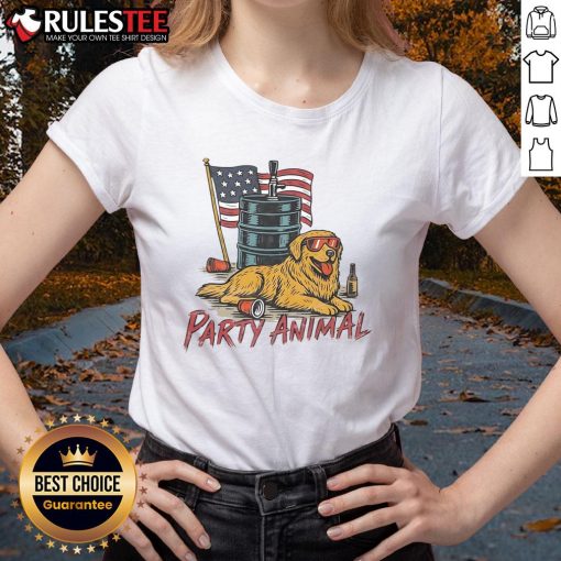 Awesome Party Animal Golden America Ladies Tee featuring a vibrant graphic design perfect for fun gatherings.