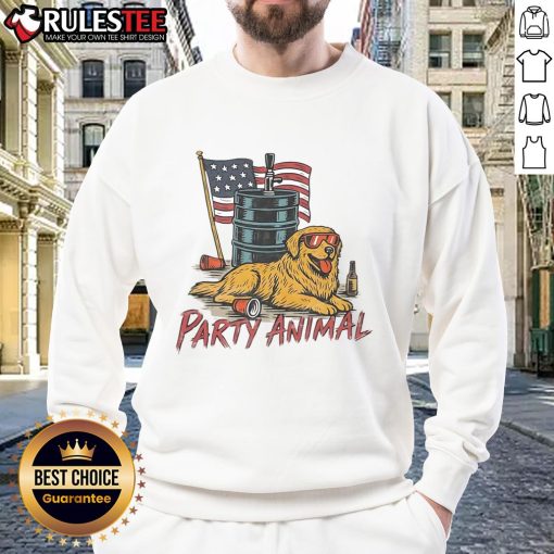Alt Text: Cool Awesome Party Animal Golden America Sweatshirt featuring vibrant graphics for fun-loving fashion enthusiasts.