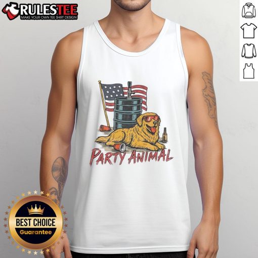 Awesome party animal golden America tank top featuring a vibrant design, perfect for summer festivities and celebrations.
