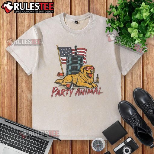 Awesome Party Animal Golden America Washed T-Shirt featuring a vibrant design, perfect for casual outings and celebrations.