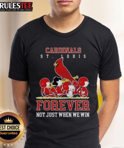 Awesome Peanuts Charlie Brown and Snoopy St. Louis Cardinals baseball t-shirt: 'Forever Not Just When We Win' design.