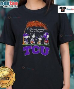 Alt Text: Awesome Peanuts It's The Most Wonderful Time Of The Year TCU Ladies Tee featuring festive graphics and vibrant colors.