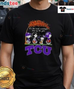 Alt Text: Awesome Peanuts 'It's The Most Wonderful Time Of The Year' TCU T-Shirt featuring festive graphics and vibrant colors.