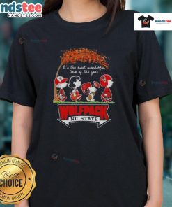 NC State Wolfpack ladies tee featuring 'Awesome Peanuts: It's the Most Wonderful Time of the Year' design.