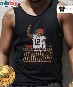 Alt Text: Shedeur Sanders wearing a Cleveland Browns Believe tank top, showcasing team spirit and stylish sportswear.