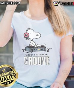 Alt Text: Awesome Snoopy DJ Get In The Groove Ladies Tee featuring Snoopy as a DJ, perfect for music lovers and Peanuts fans.