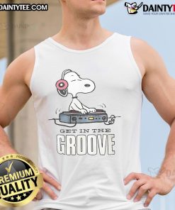 Alt Text: Awesome Snoopy DJ Get In The Groove Tank Top featuring a fun Snoopy graphic perfect for music lovers and summer wear.