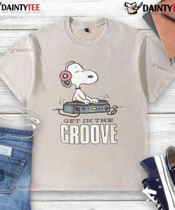 Alt Text: Awesome Snoopy DJ Get In The Groove washed t-shirt featuring Snoopy with DJ headphones and vibrant colors.