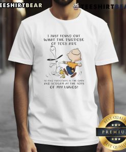 Alt Text: Awesome Snoopy X Charlie Brown I Just Found Out What The Purpose Of Toes T-Shirt featuring playful cartoon design.