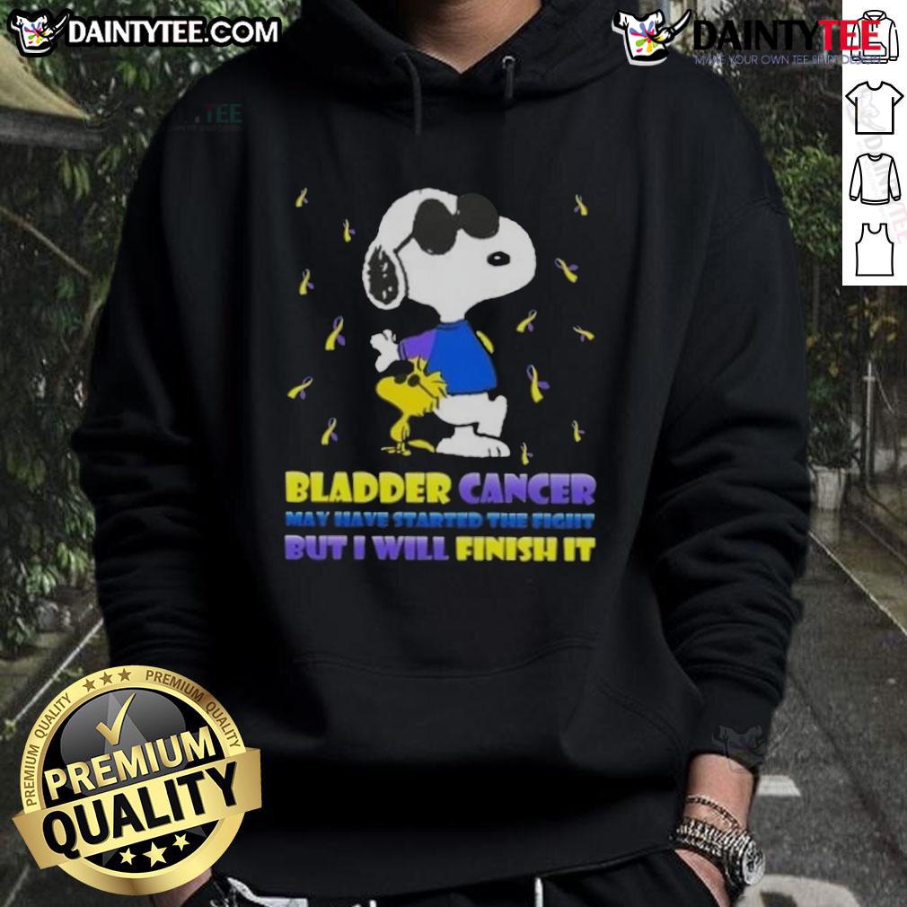 Awesome Snoopy X Woodstock Bladder Cancer May Have Started The Fight But I Will Finish It Hoodie Alt Text: Awesome Snoopy X Woodstock hoodie with bladder cancer fight message, showcasing a unique design and vibrant colors.