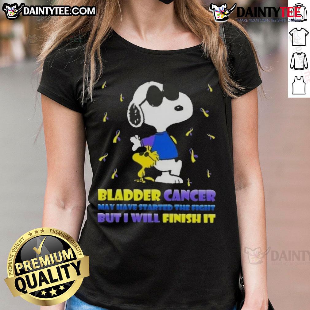 Awesome Snoopy X Woodstock Bladder Cancer May Have Started The Fight But I Will Finish It Ladies-Tee Awesome Snoopy x Woodstock tee for bladder cancer awareness, featuring inspiring message 'May Have Started The Fight, But I Will Finish It.'